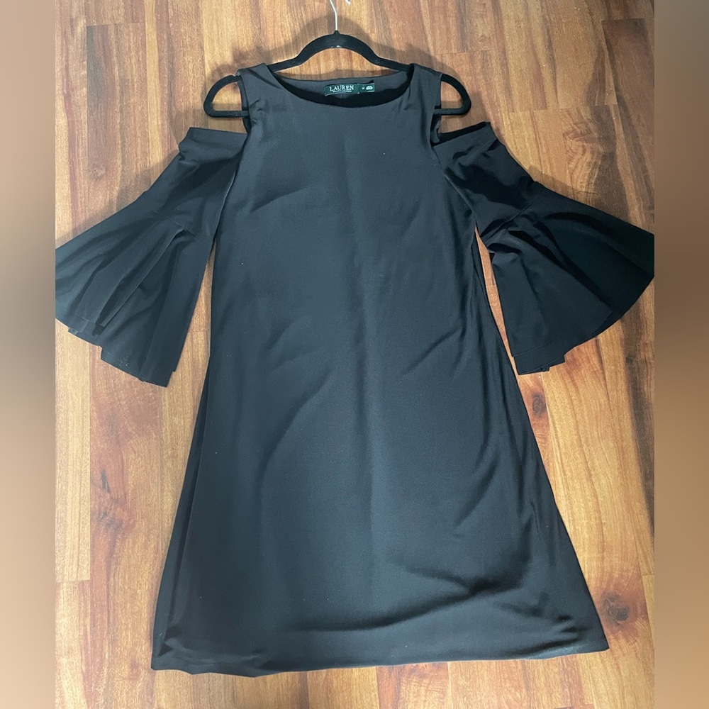 Ralph Lauren heavy jersey black A line open shoulder LBD with 3/4  bell sleeves.